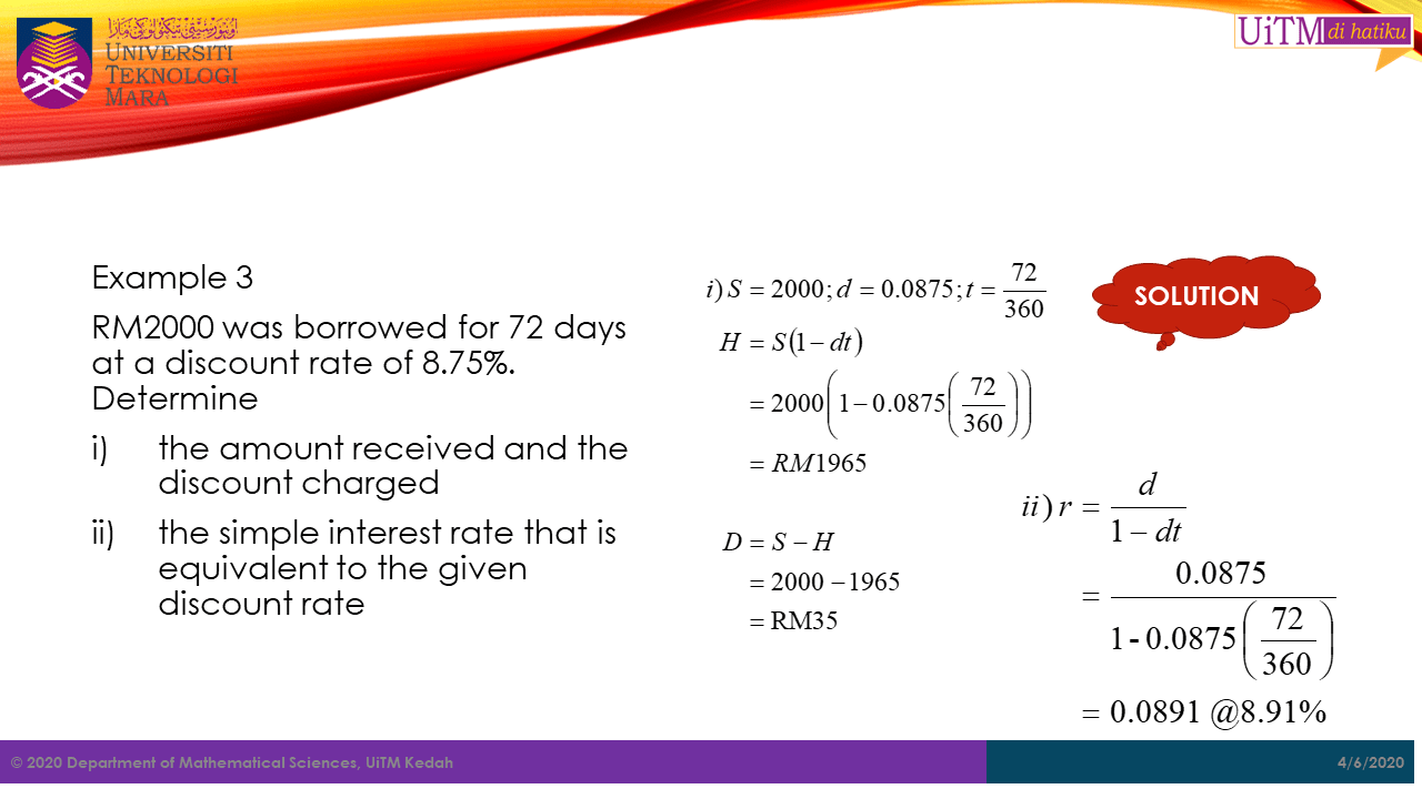 Math. Sc. UiTM Kedah Bank Discount and Promissory Note