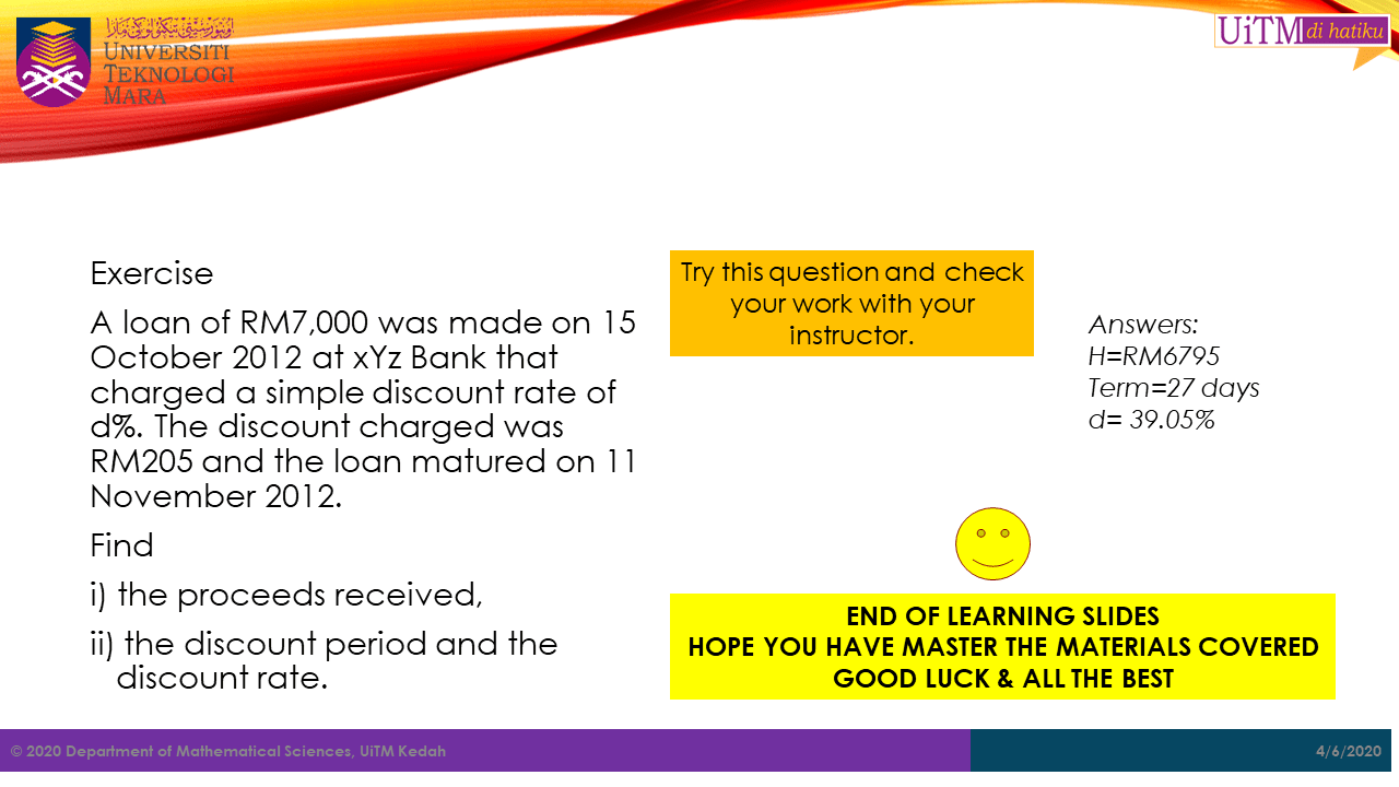 Math. Sc. UiTM Kedah Bank Discount and Promissory Note