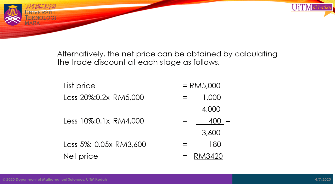 Math. Sc. UiTM Kedah Trade and Cash Discount