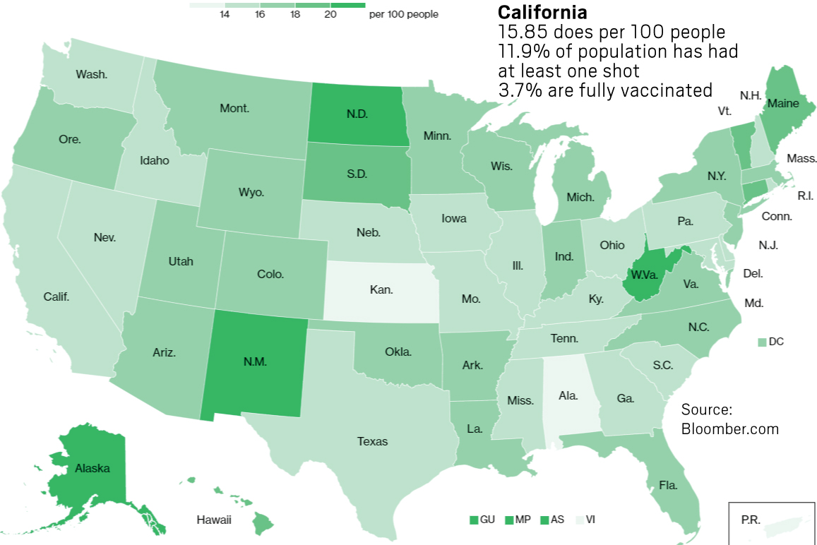 Map COVID19 vaccination totals and tier levels in California