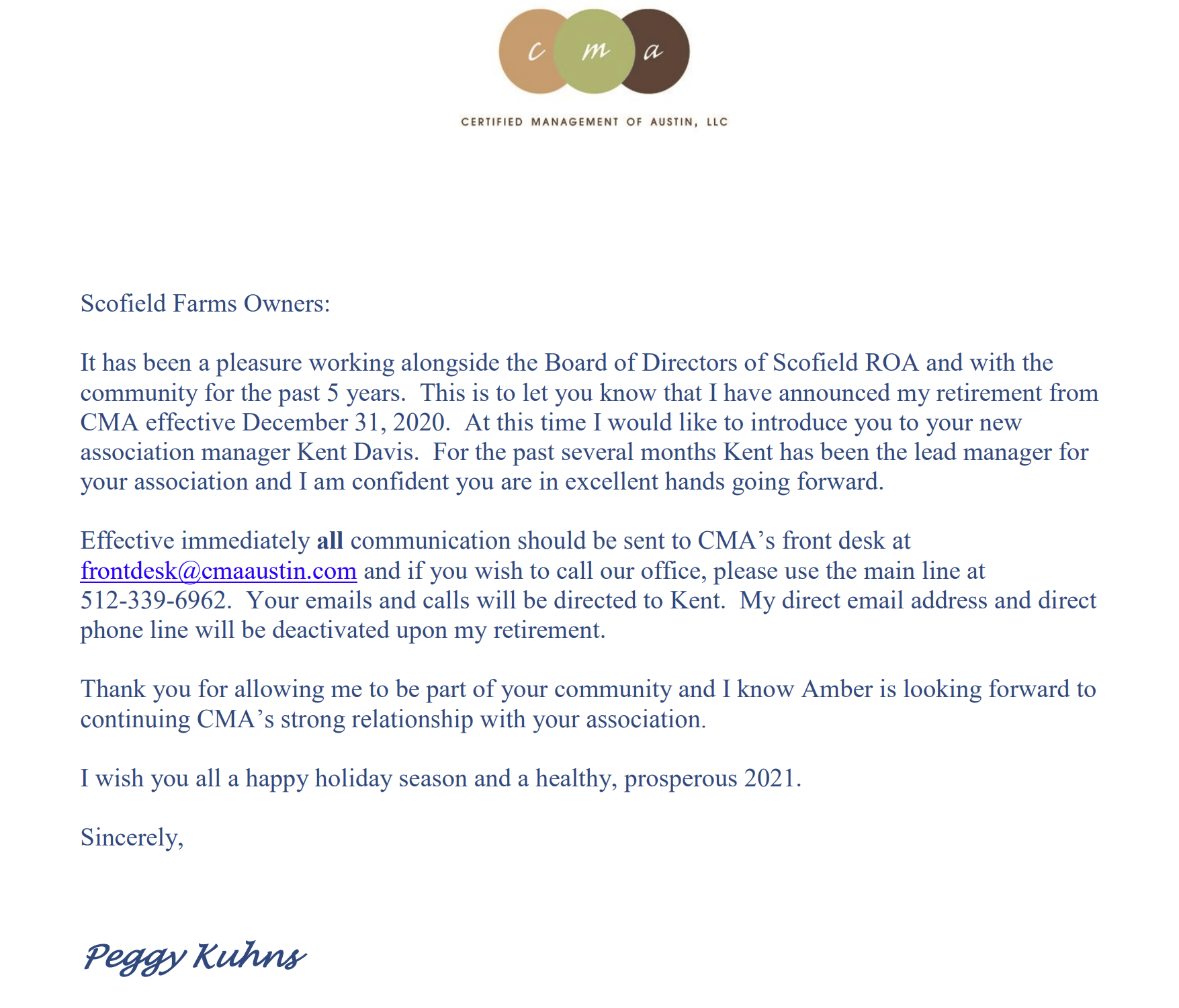 CMA Manager Change Notice Scofield Farms