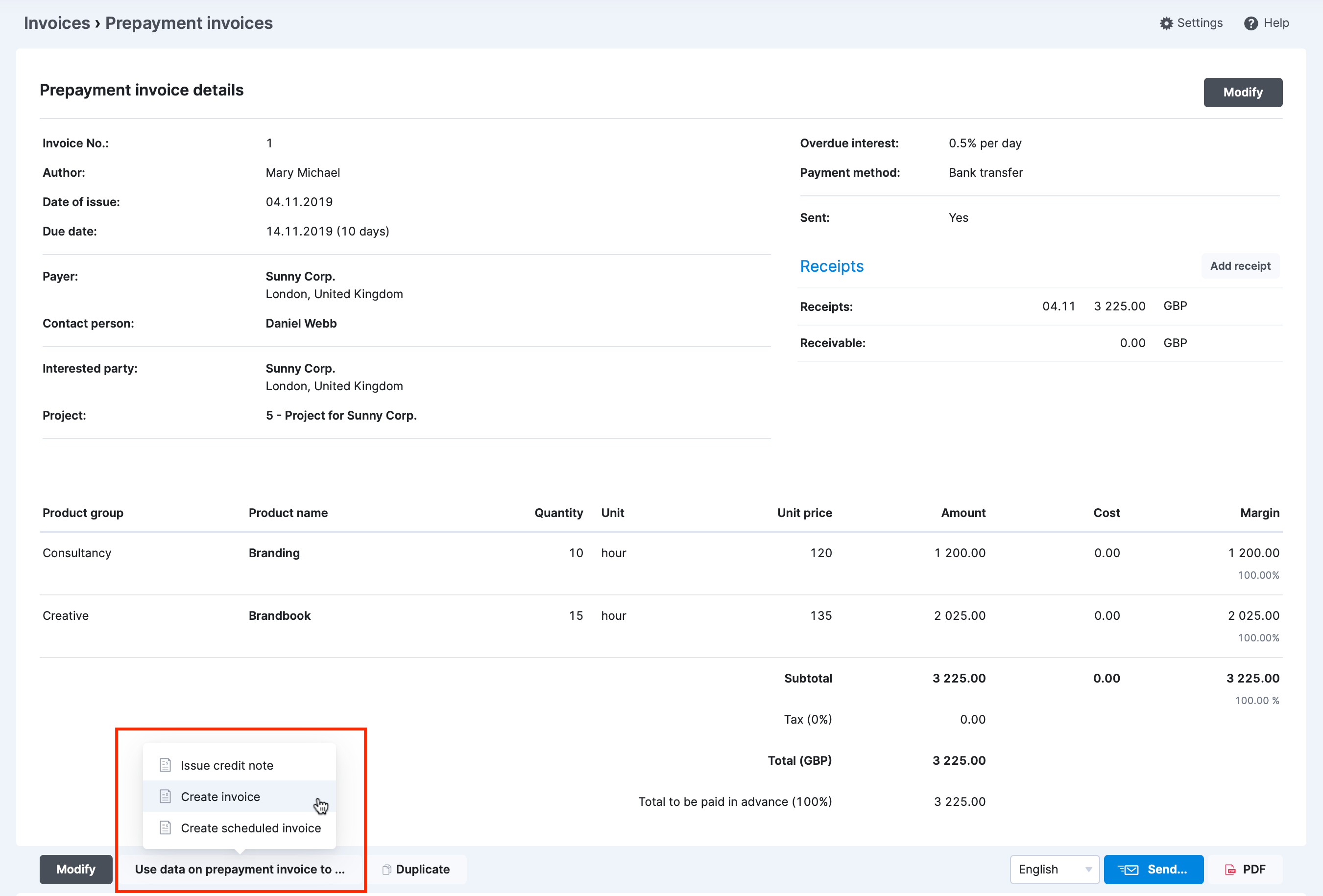 Prepayment invoice and prepayment balance Scoro Help Center