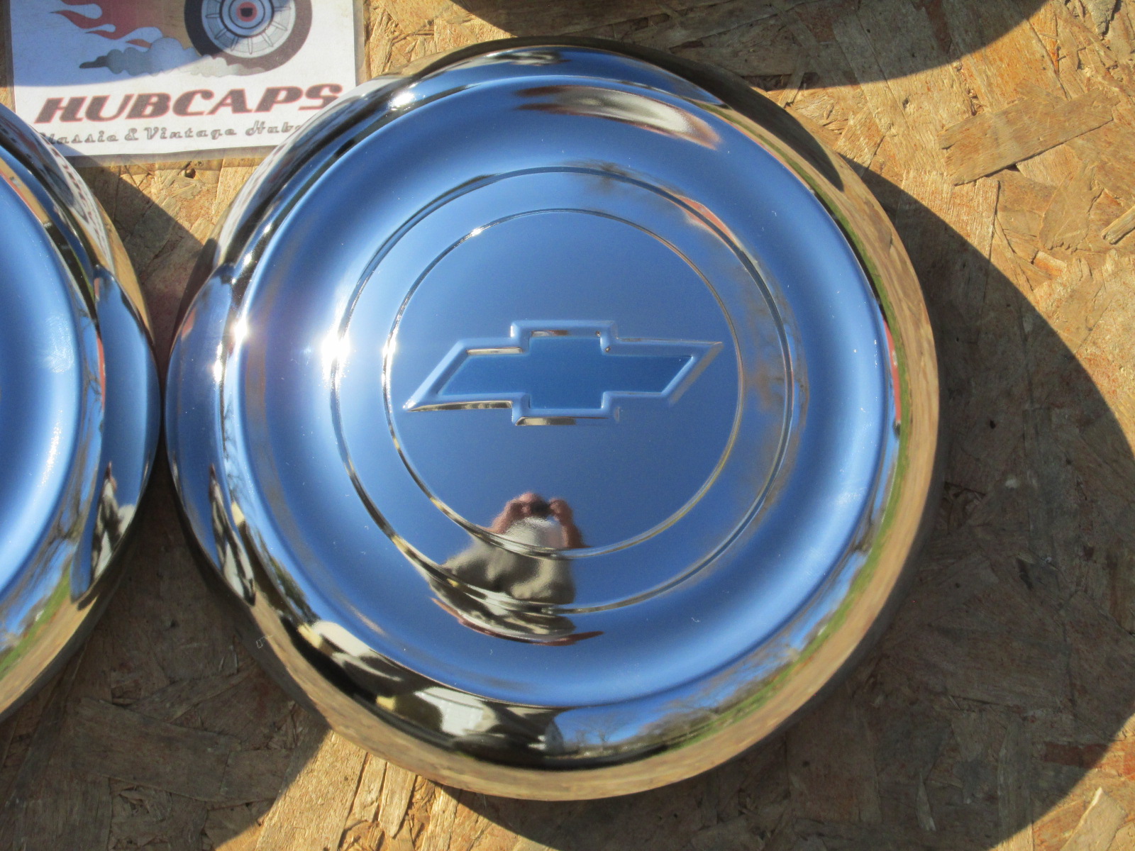 195153 Chevy Hub Caps, Polished Stainless Steel, With Blue Painted
