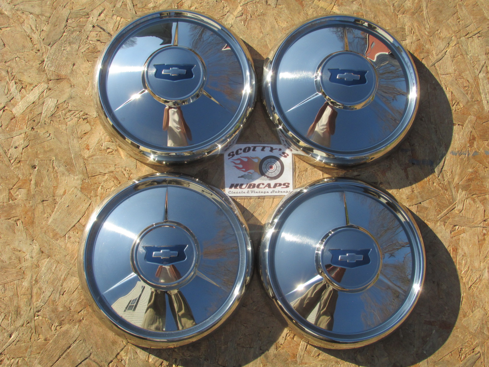 1954 Chevy Bel Air, Two Ten, 150 Dog Dish Hubcaps, Set Of 4, Brand New 54C1130 Scotty's Hub Caps