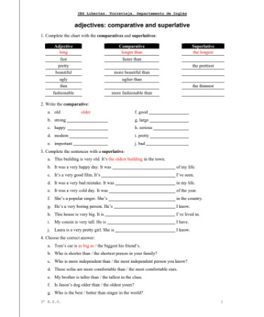 Comparative And Superlative Adjectives Worksheet PDF - (PRINTABLE)