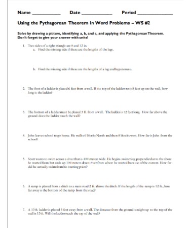 Pythagorean Theorem Word Problems Worksheet PDF - (PRINTABLE)