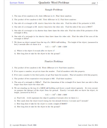 Quadratic Word Problems Worksheet PDF - Free Download (PRINTABLE)