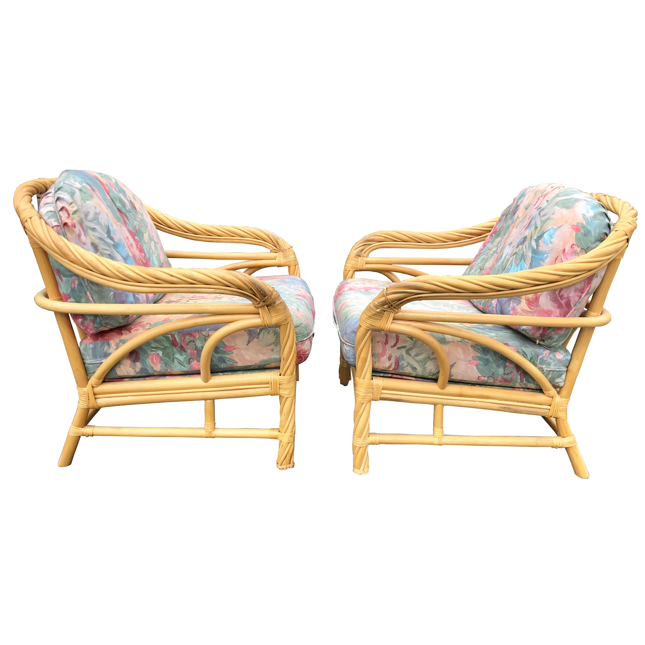 Vintage Twisted Rattan Patio Lounge Chairs with Floral