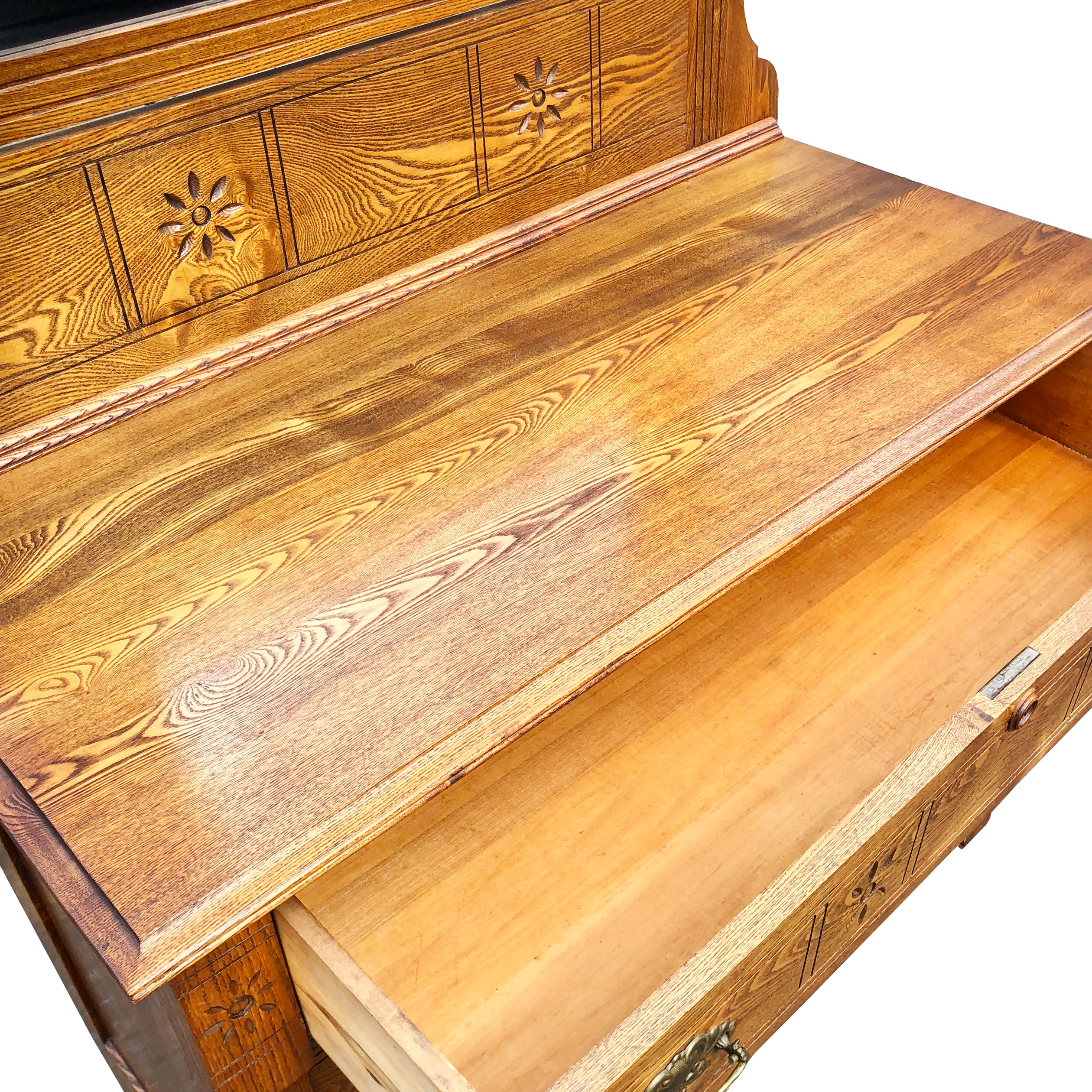 Antique Eastlake Victorian Country Oak Carved Mirrored Dresser