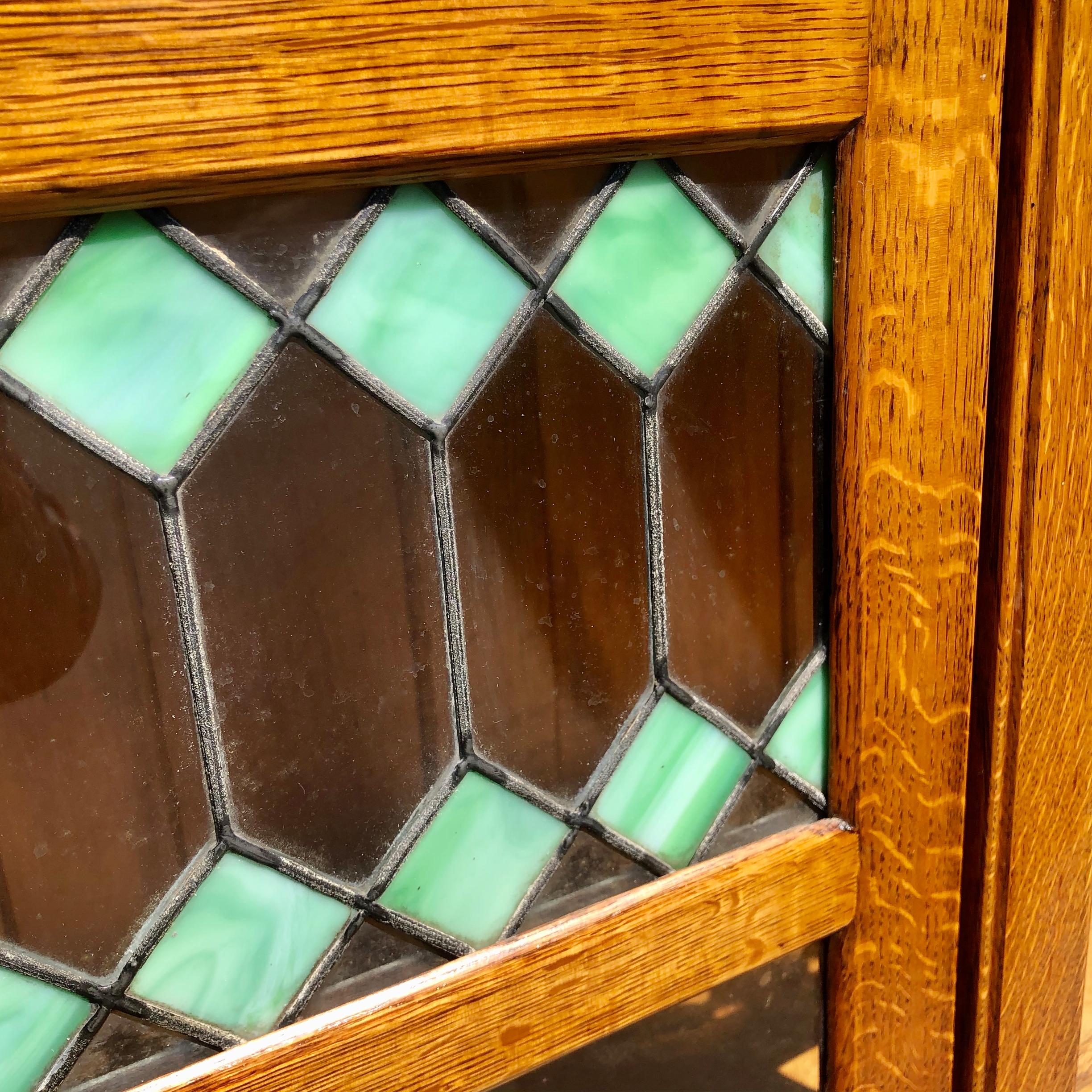 Antique Arts & Crafts Quartersawn Oak Green Stained Glass Bookcase by