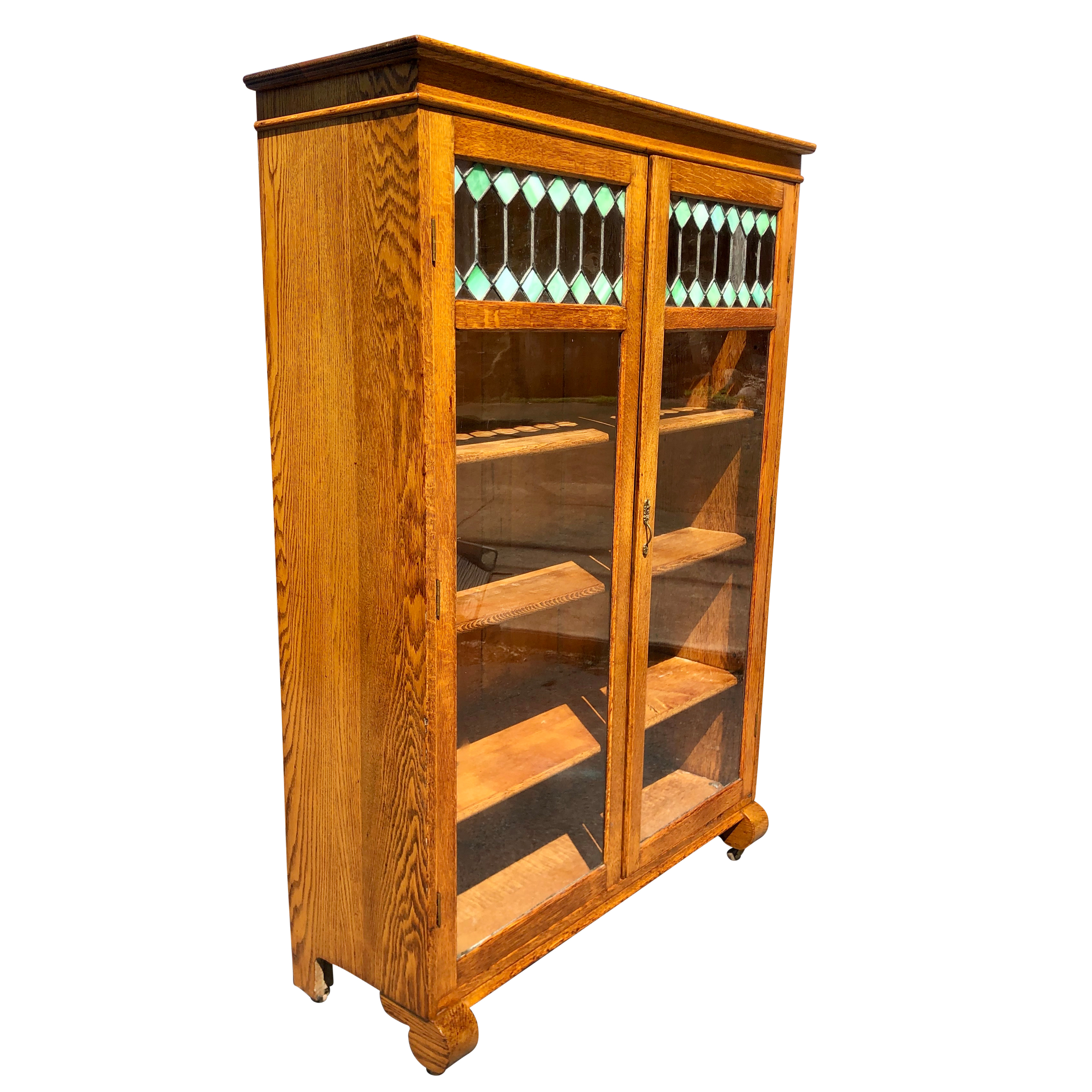 Antique Arts & Crafts Quartersawn Oak Green Stained Glass Bookcase by