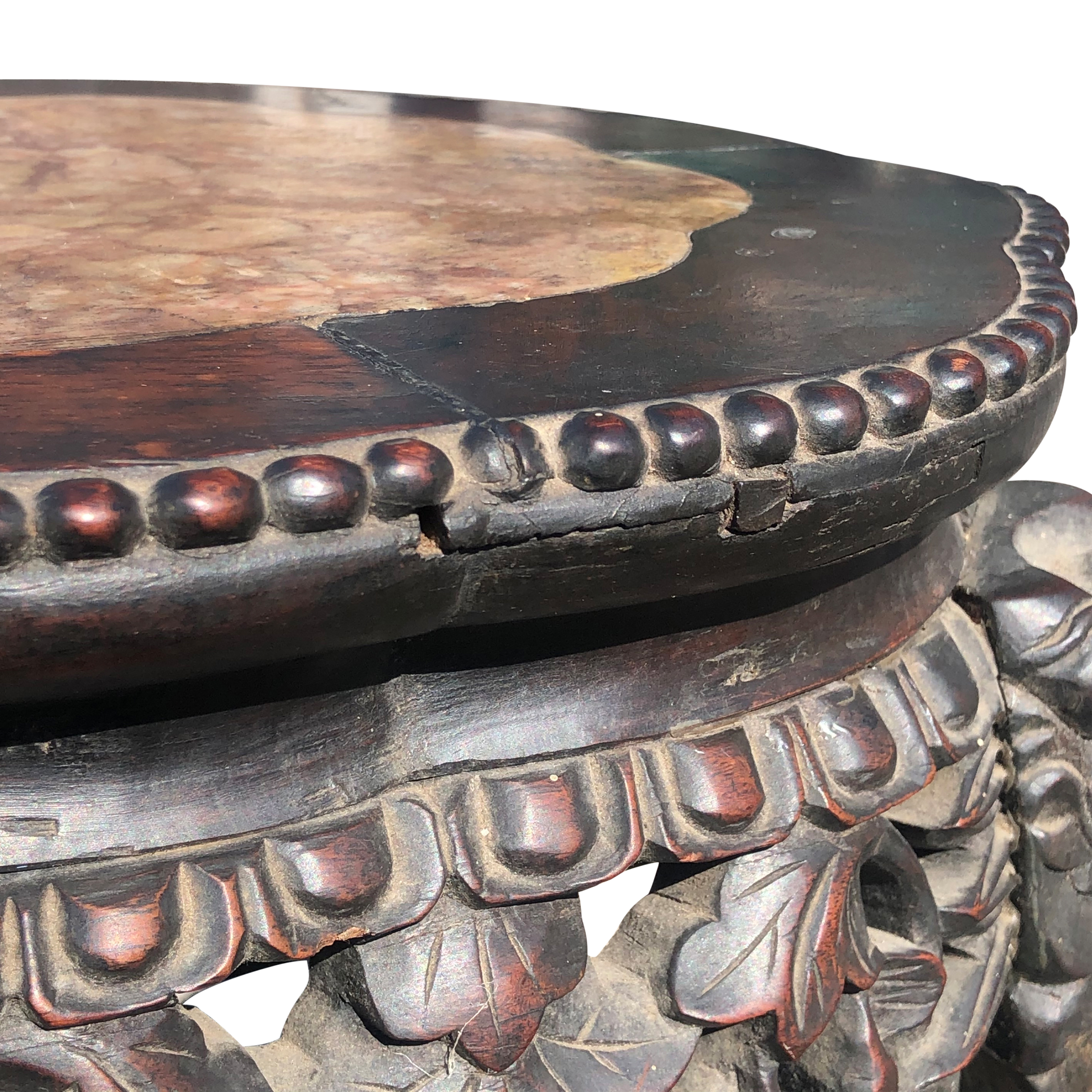 Antique Chinese Qing Dynasty Heavily Carved Rosewood Marble Top Plant