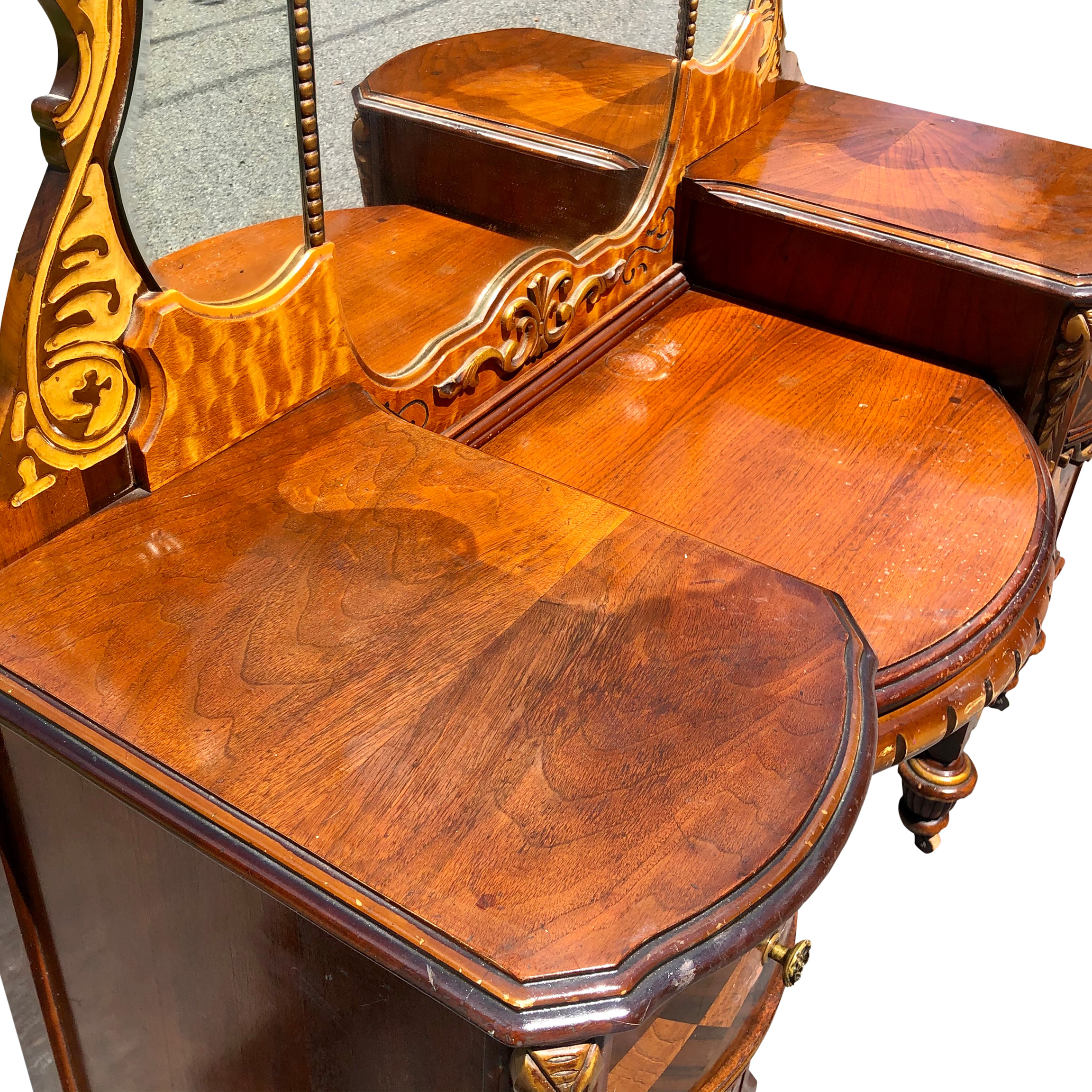 Antique Victorian Heavily Carved Burl Walnut Ladies Makeup Vanity w