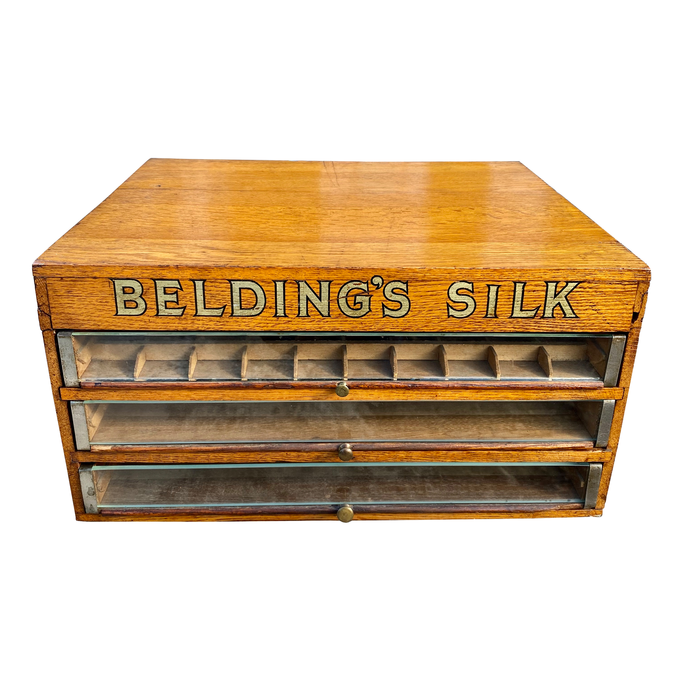Antique Beldings Silk Quartersawn Oak Glass Front Spool Chest