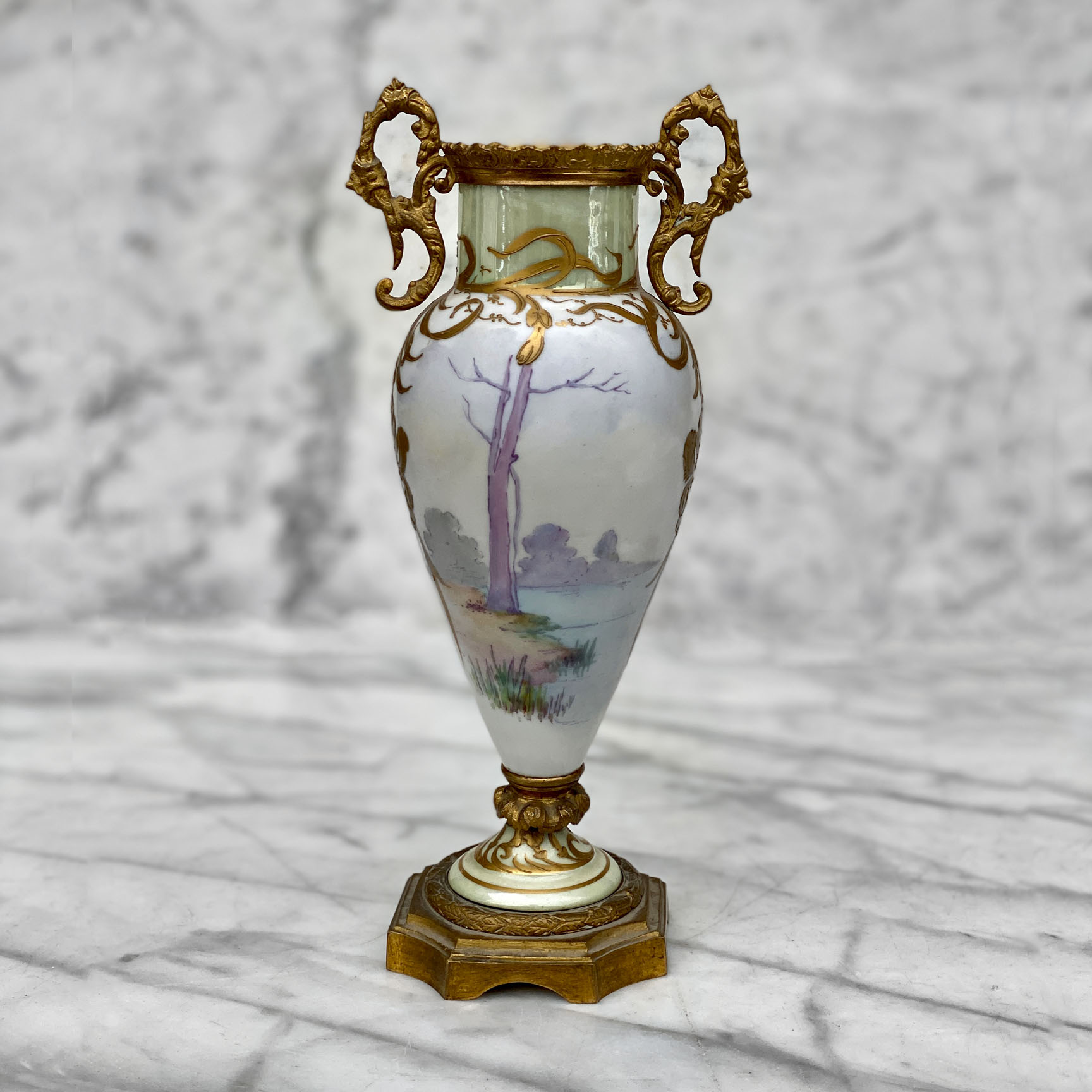 Antique French Sevres Porcelain Hand Painted Vase w/ Bronze Handles