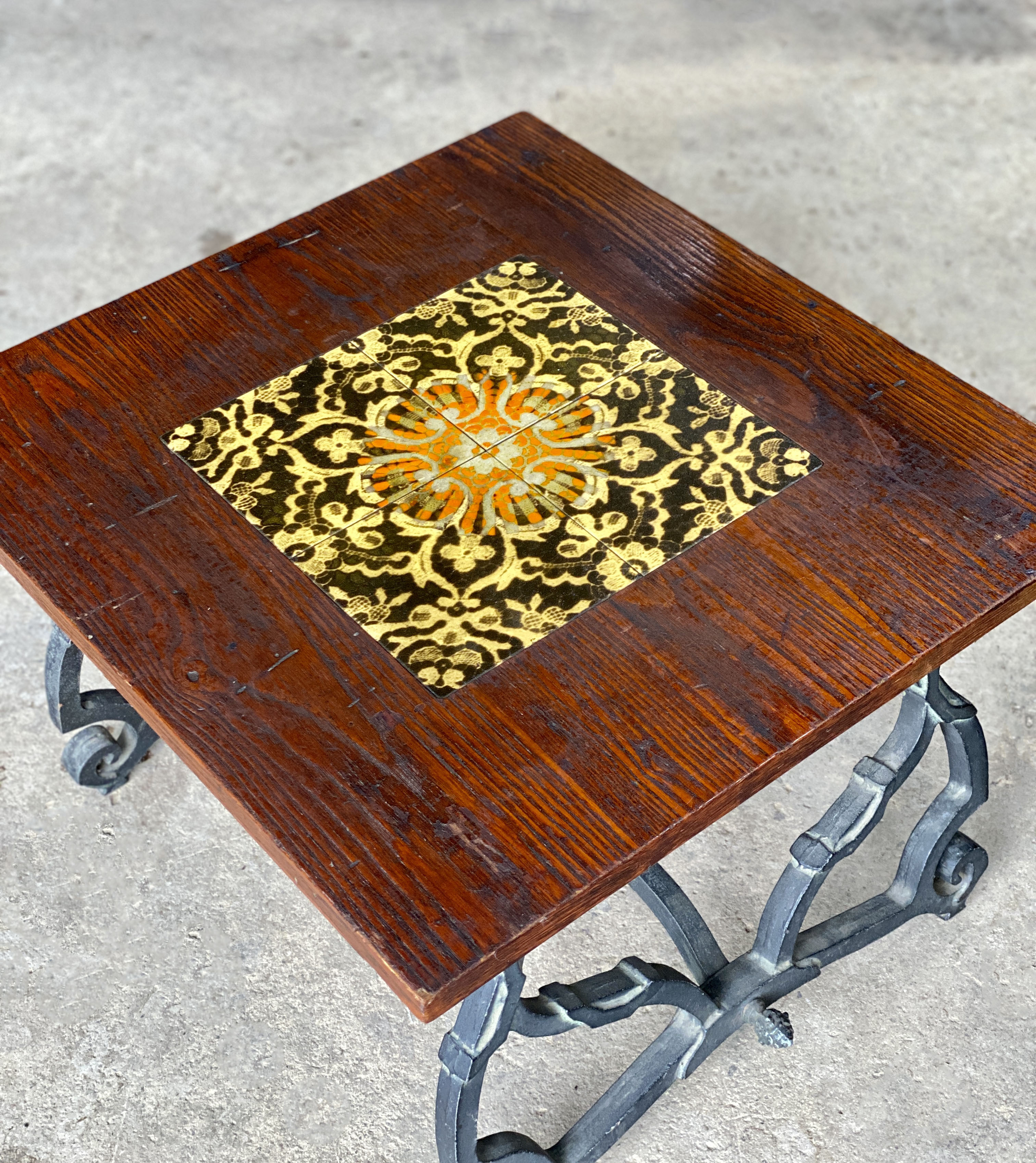Vintage Victorian Oak Tile Top Coffee Occasional Table w/ Wrought Iron