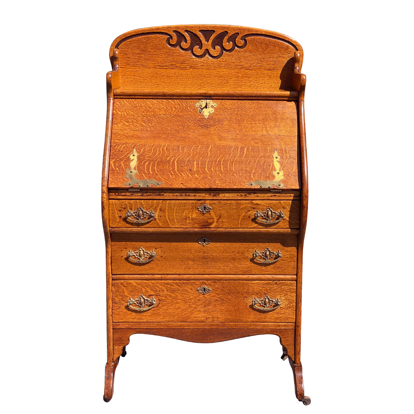 Antique Victorian Quartersawn Oak Drop Front Secretary Writing Desk by