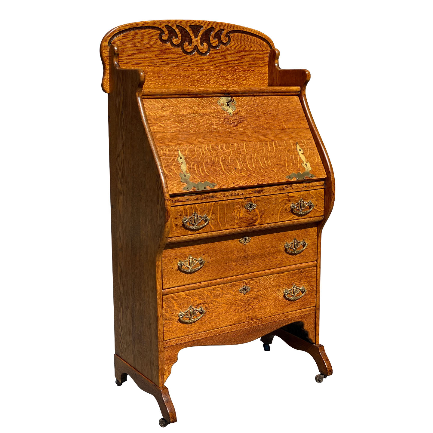 Antique Victorian Quartersawn Oak Drop Front Secretary Writing Desk by