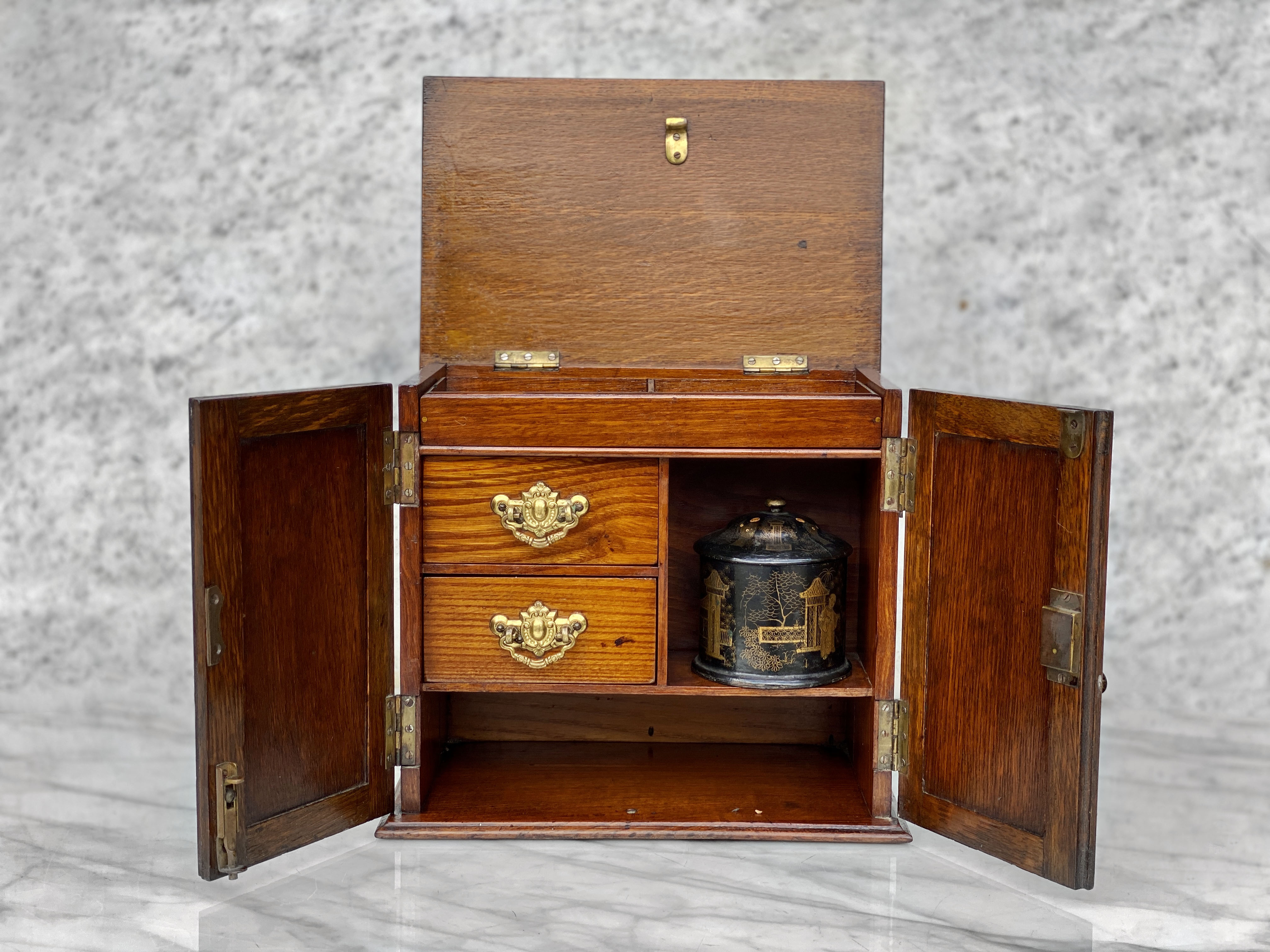 Antique Arts & Crafts Oak Carved Tobacco Humidor w/ Pipe Holder