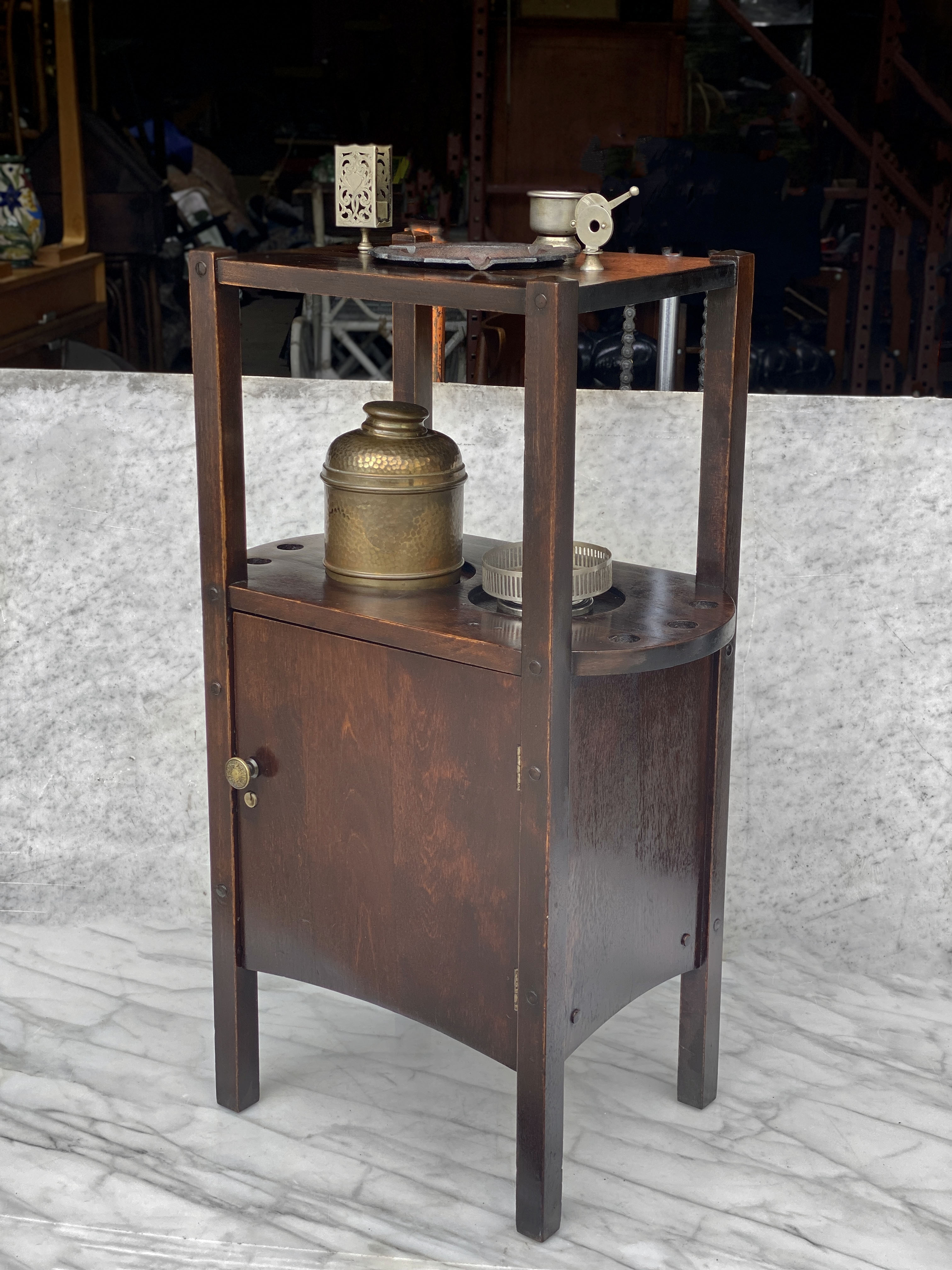 Antique Arts & Crafts Mahogany Cigar Pipe Smoking Stand w/ Humidor by