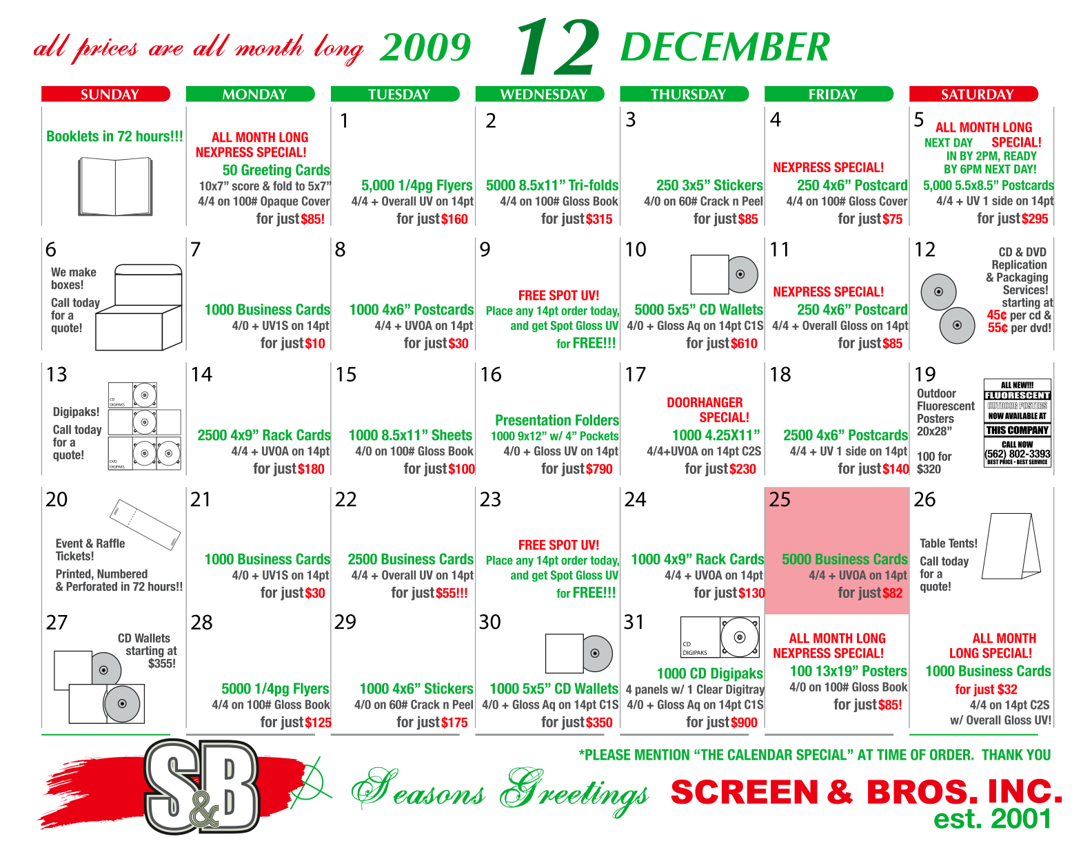 CALENDAR “DECEMBER/HOLIDAY SPECIALS” S&B PRINTING SERVICES