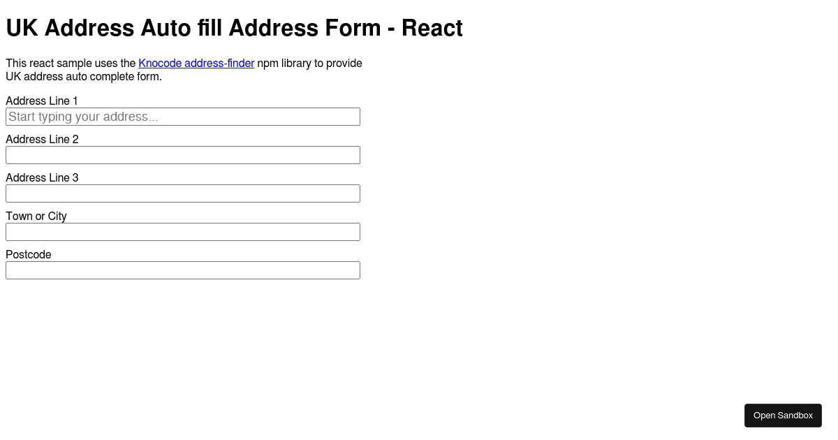 Auto fill UK Address form (forked) Codesandbox