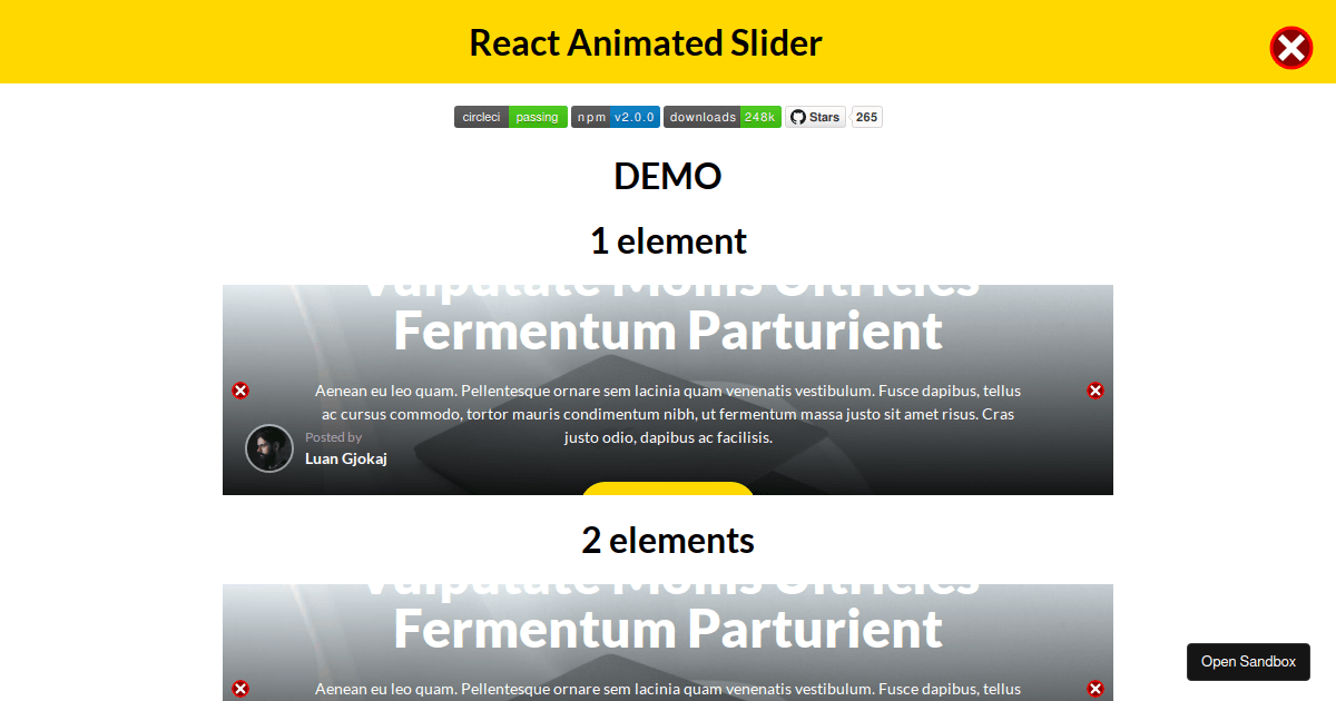 React Animated Slider (multiple examples) Codesandbox
