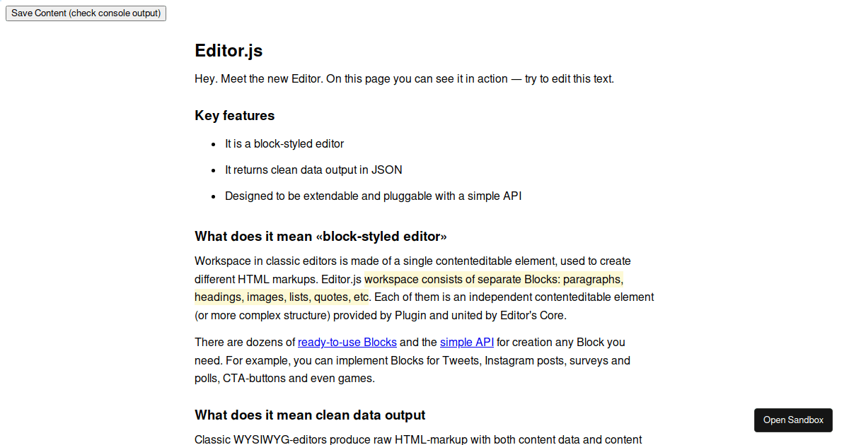 reacteditorjs [Example] Codesandbox
