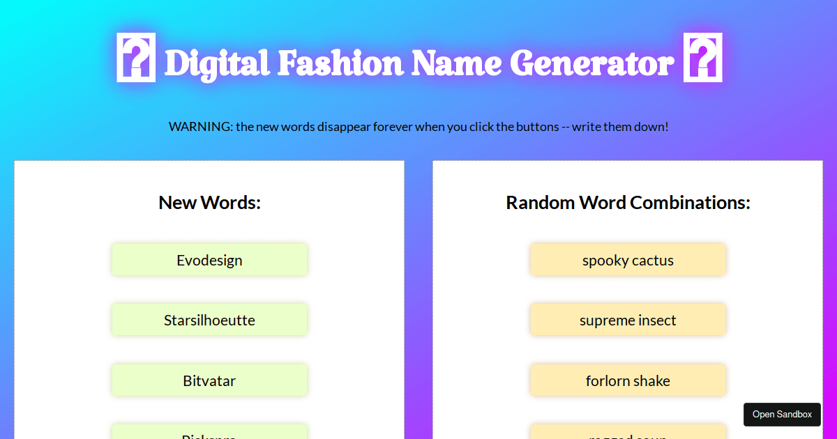 Fashion Name Generator Codesandbox