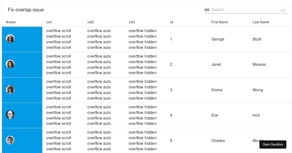 MaterialTable mobile device overflow fix Codesandbox