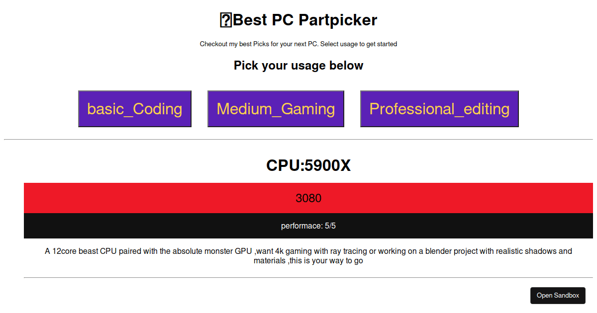 Pc Parts picker Codesandbox