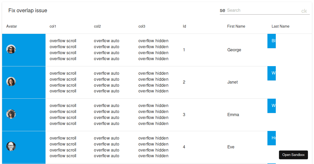 MaterialTable overflow issue fixed Codesandbox