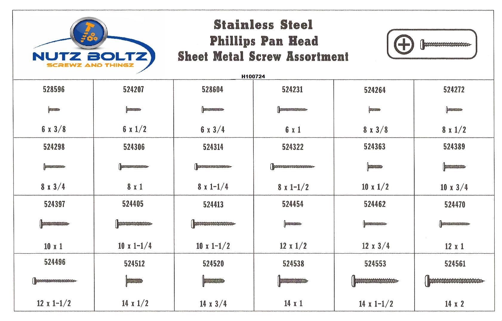 H100724 STAINLESS STEEL PHILLIPS PAN HEAD SHEET METAL SCREW ASSORTMENT KIT Nutz, Boltz, Screwz