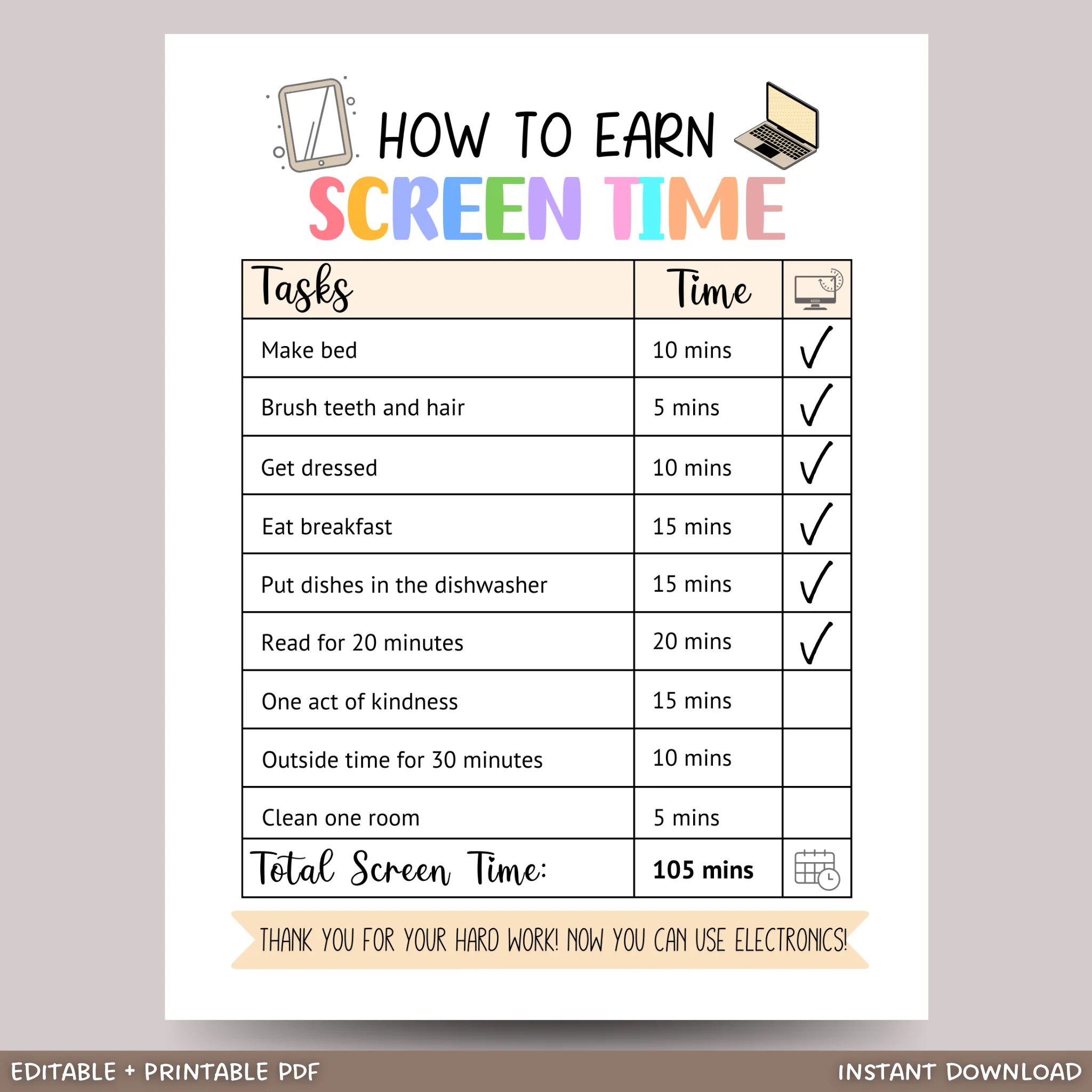 Screentime Chart Checklist Kids Printable, Editable Chore Chart Tracke Scribbled LLC