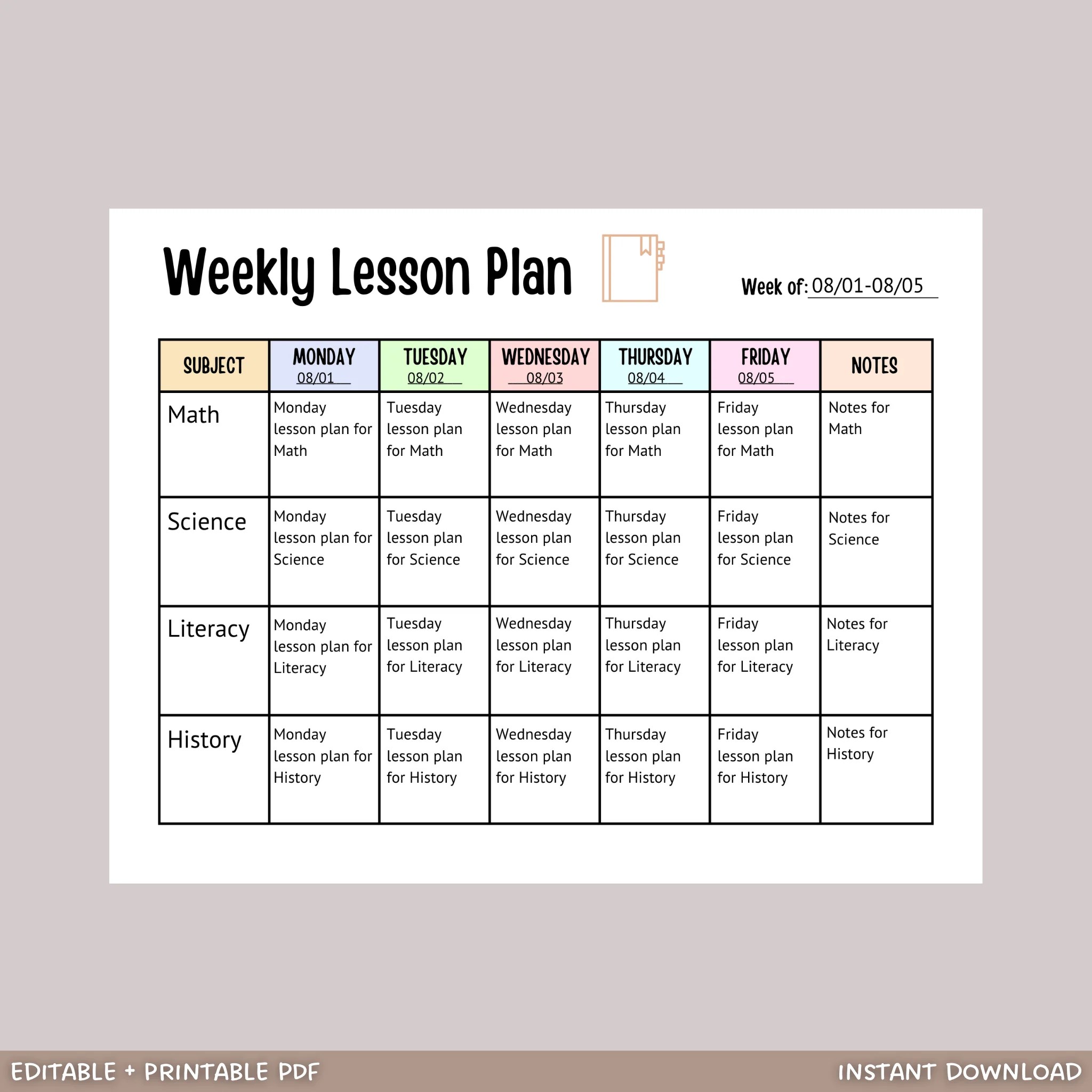 Weekly Lesson Plan Printable, Editable School Planner Schedule Scribbled LLC