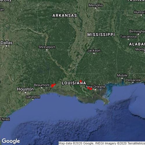 State of Louisiana All Refineries Marked in Red Marks in State of LA