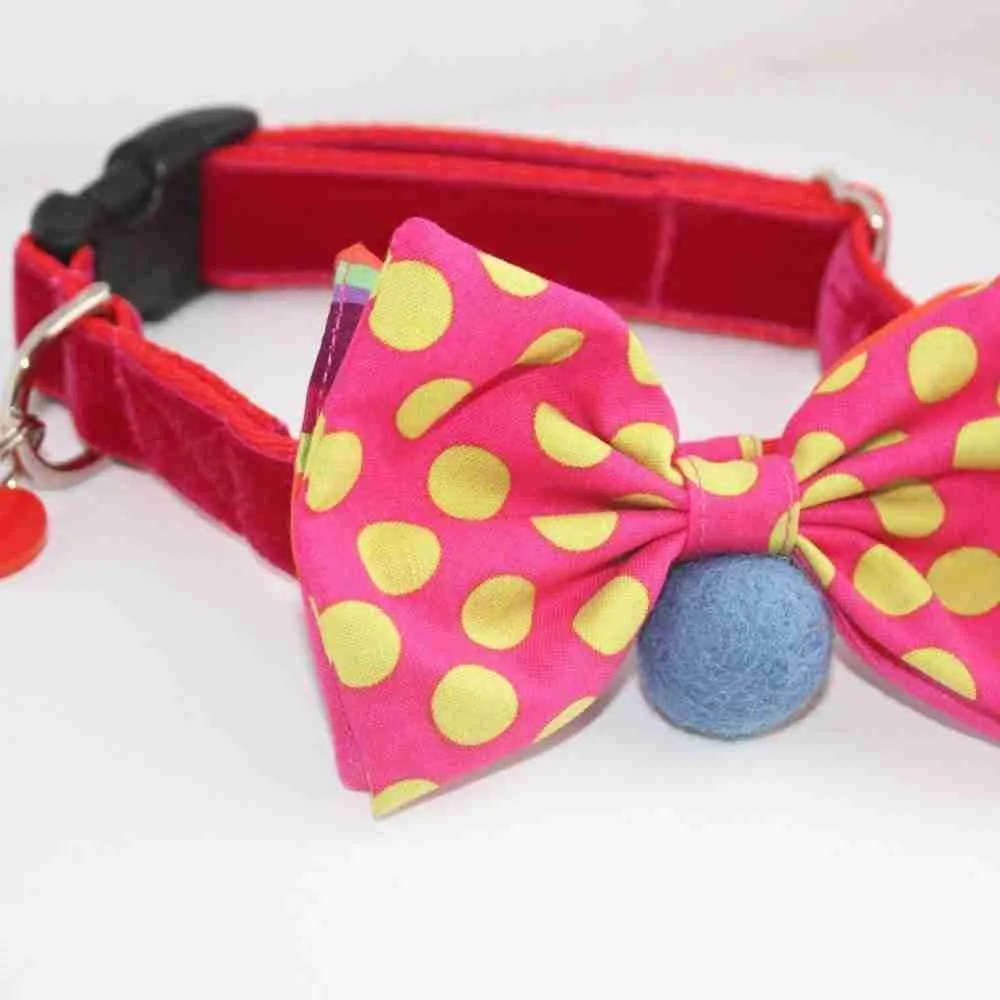 Handmade Dog Collar. Rich plum Velvet with spotted bow tie. Mrs Punch