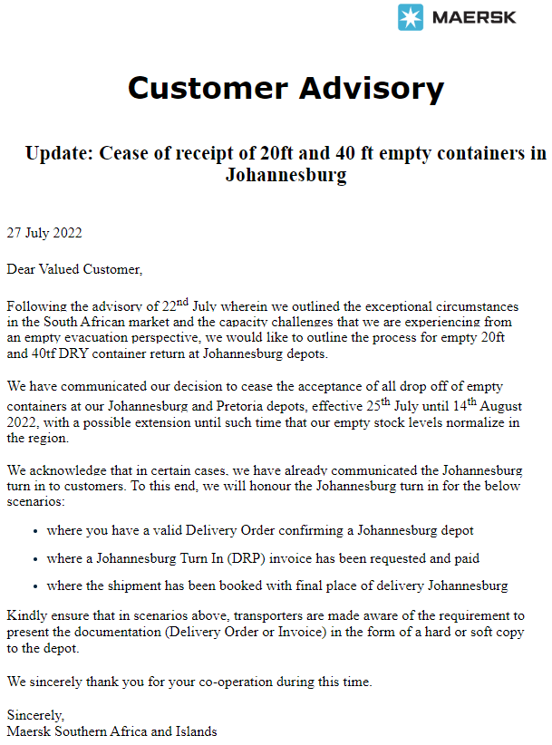 Imports Maersk Customer Advisory SCT