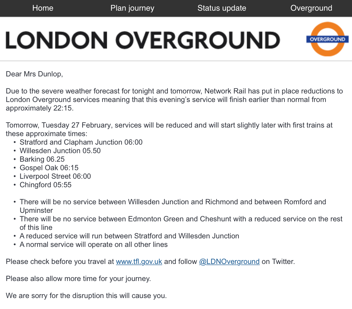 Overground closing early tonight, reduced service tomorrow (Feb 27th