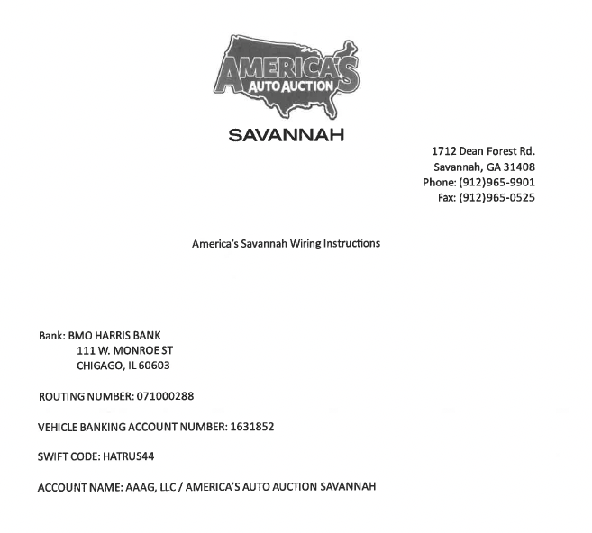 Wire instructions for AAA Savannah America's Auto Auction Savannah