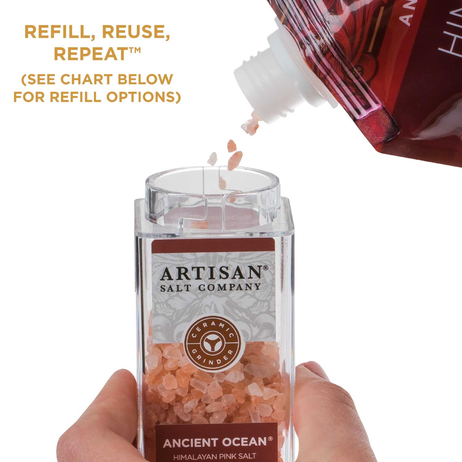 Refill grinder with coarse grain salt, peppercorns or whole spices