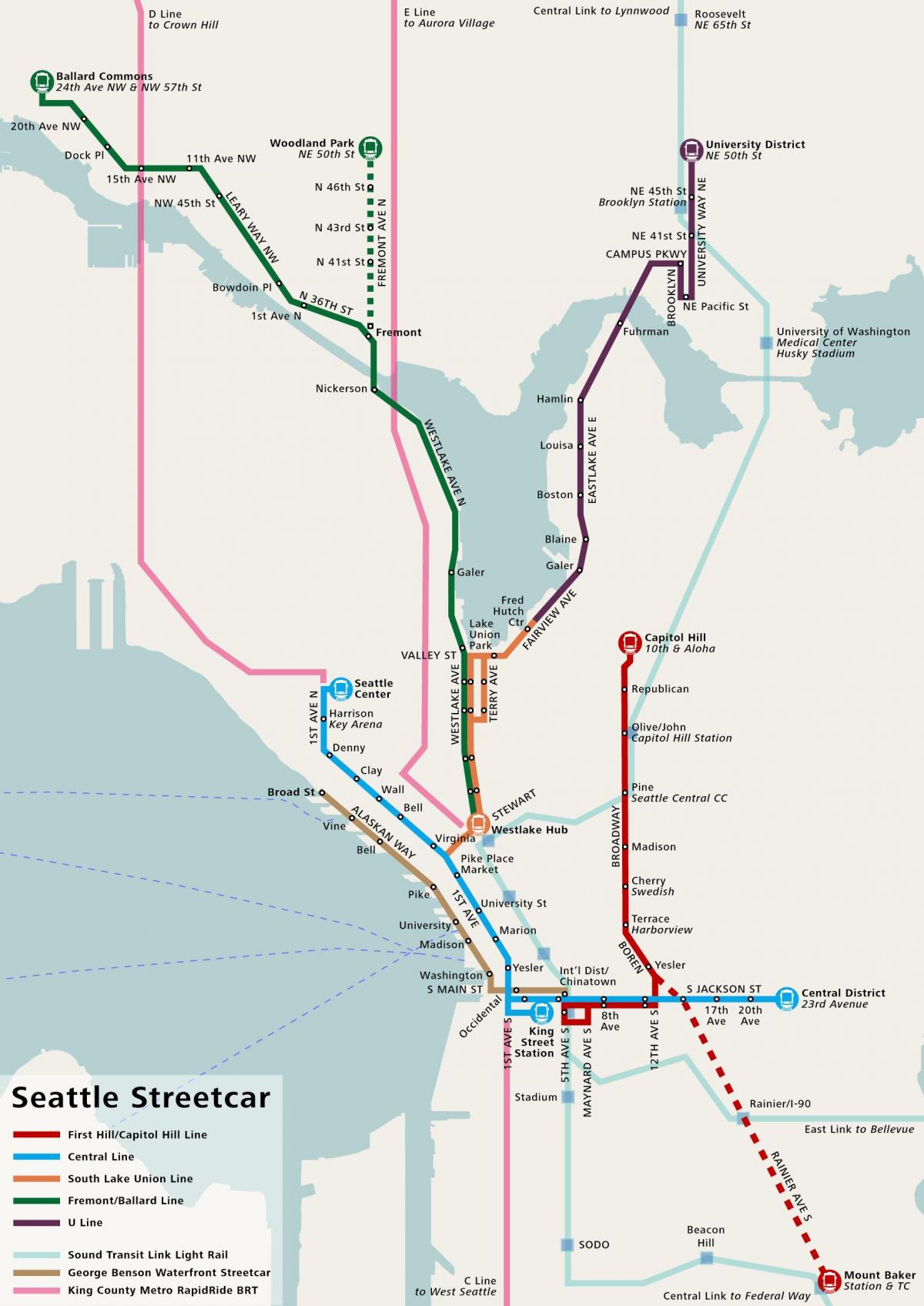 Map of Seattle tram tram lines and tram stations of Seattle