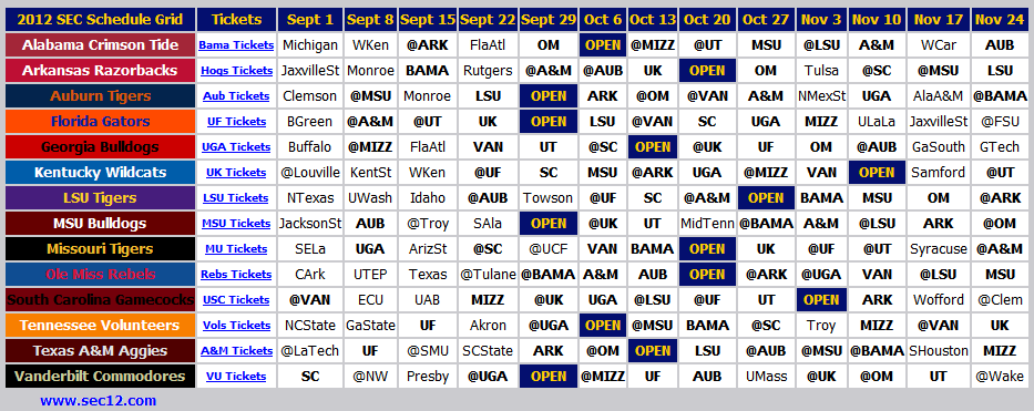Print 2012 SEC Football Schedule - SEC12.com - SEC Football