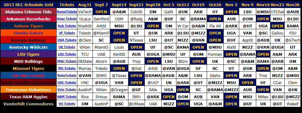 Print 2013 SEC Football Schedule - SEC12.com - SEC Football