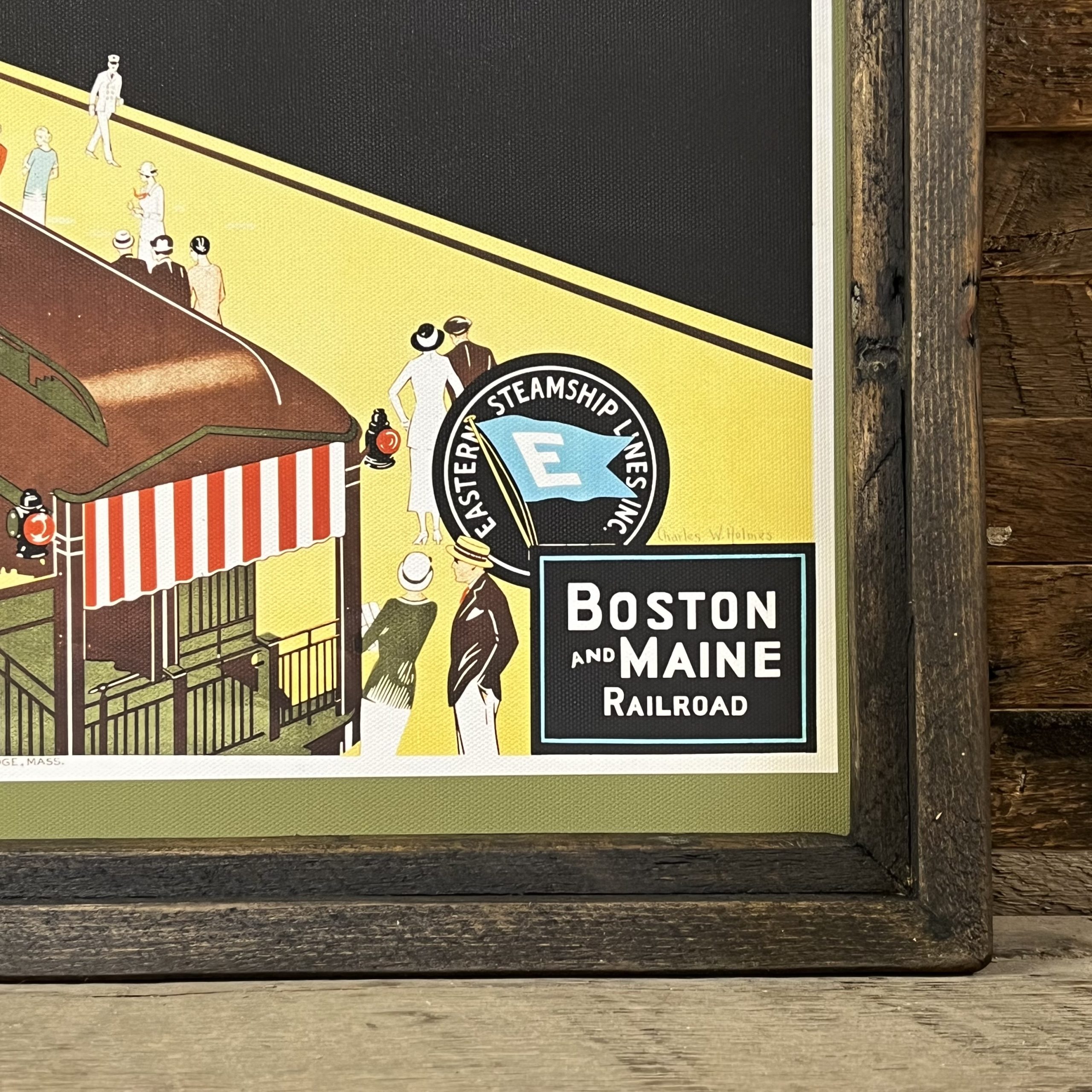 Vintage New England travel poster framed in reclaimed wood