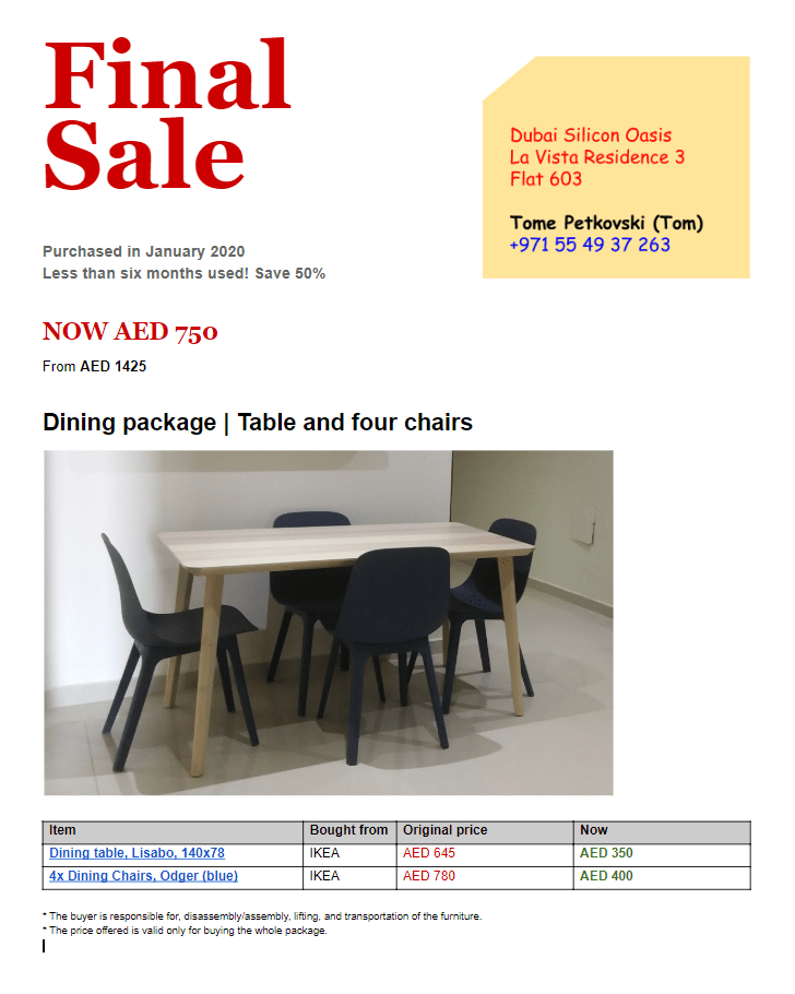 Dining package Table and four chairs