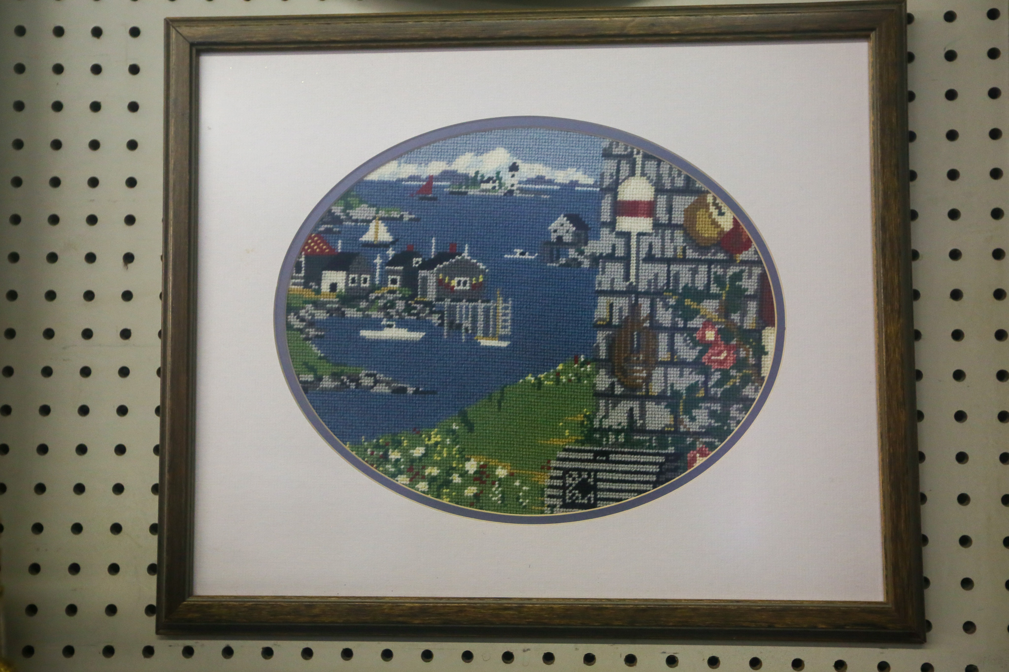 Framed Needlepoint Fishing Village Second Treasures MV Antique