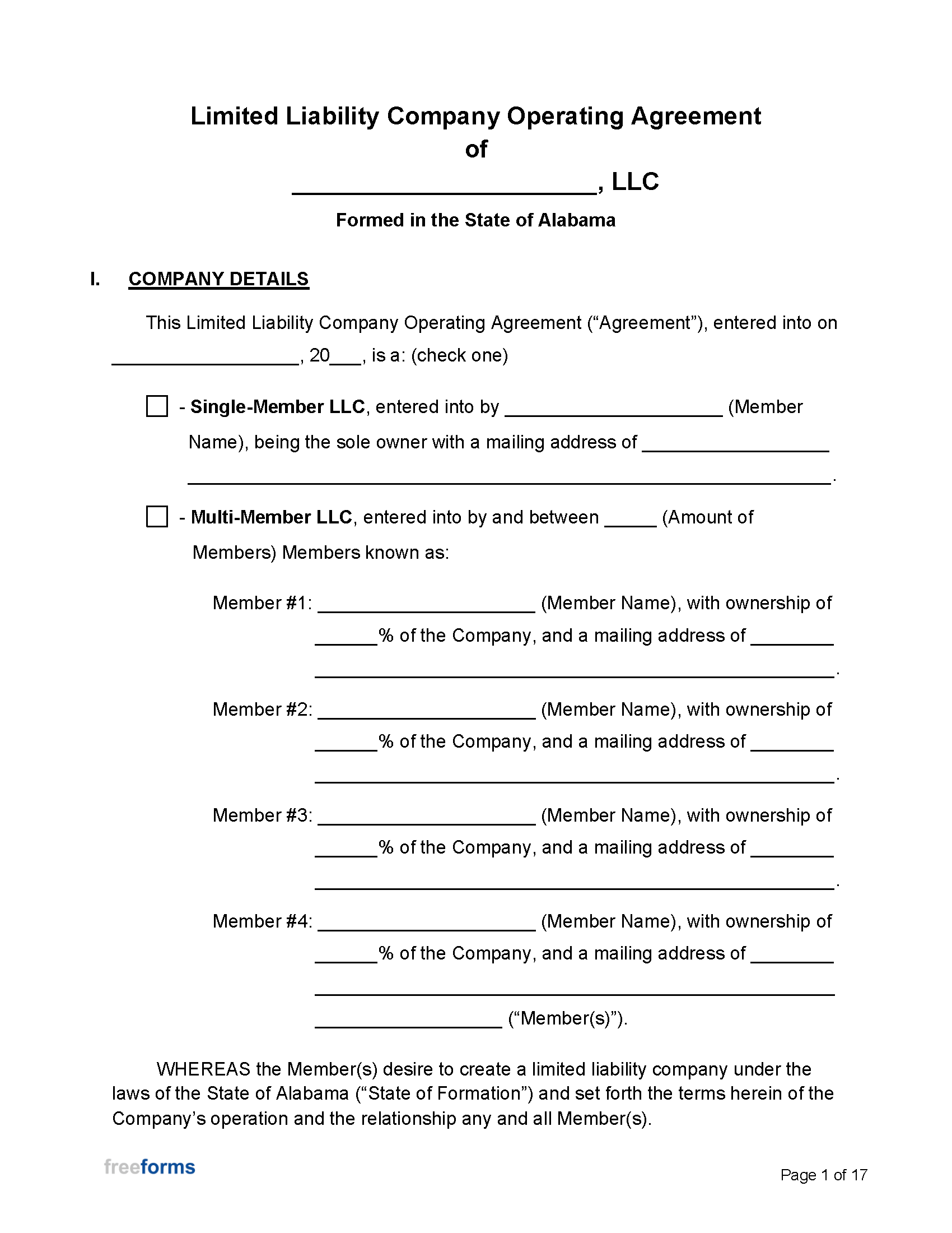 Free Alabama SingleMember LLC Operating Agreement Template Secretary