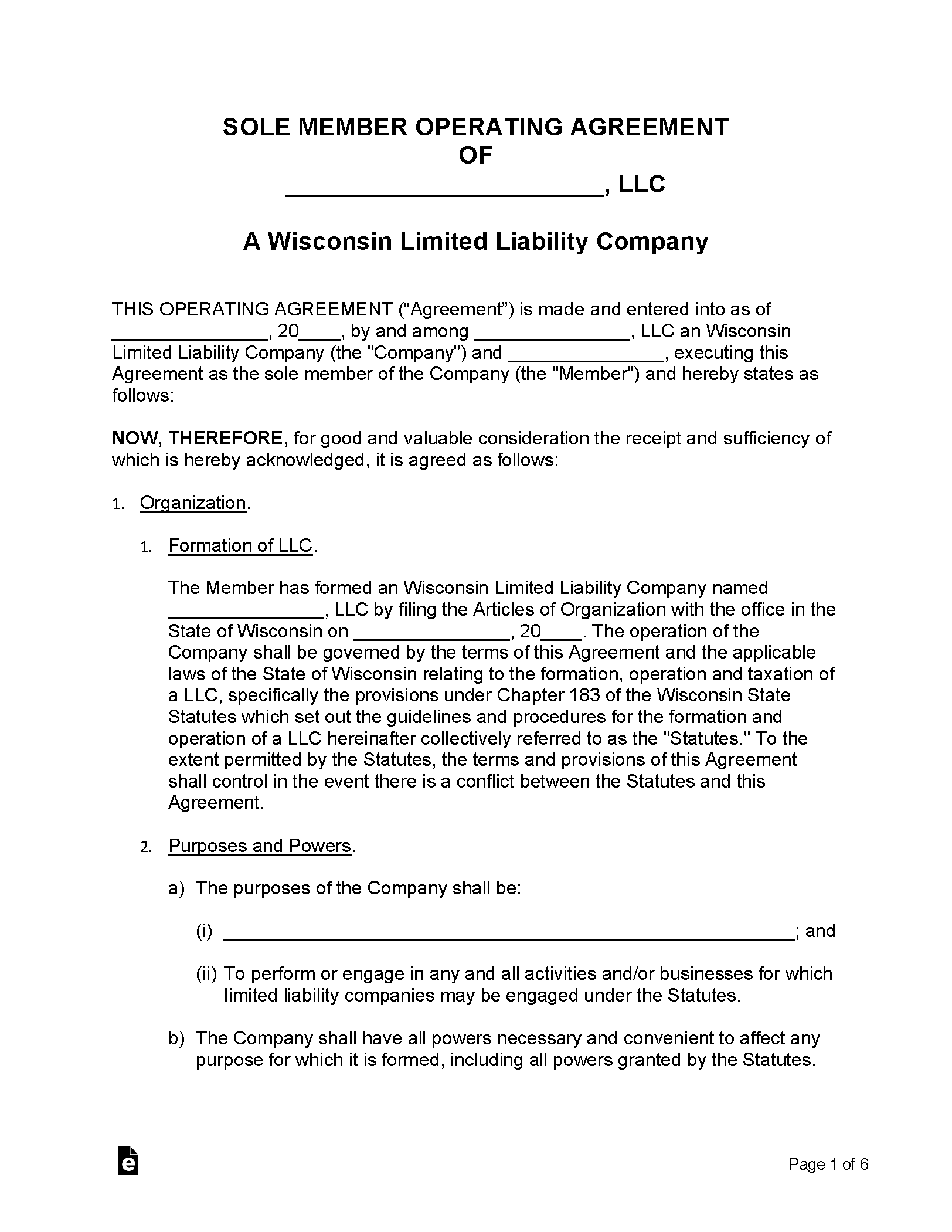 Free Wisconsin LLC Operating Agreement Templates (2) Secretary of