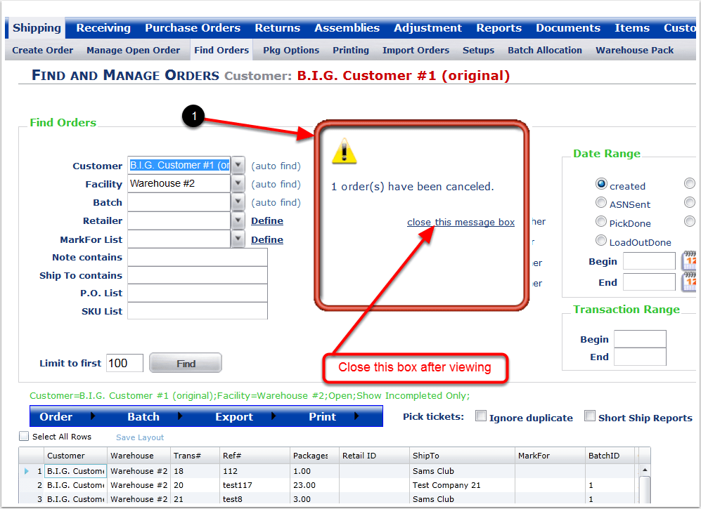 Shipping > Find Orders > Find Orders Action Menus > Order > Cancel